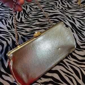 Vintage Metallic Gold Rhinestone Lock Evening Clutch
